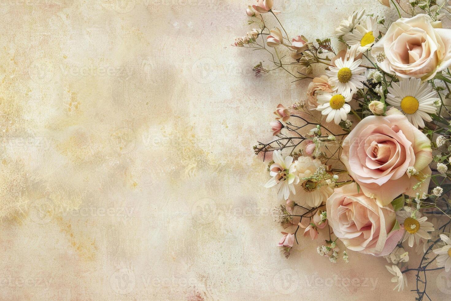 Small bouquet of pastel flowers with empty space on the left. photo