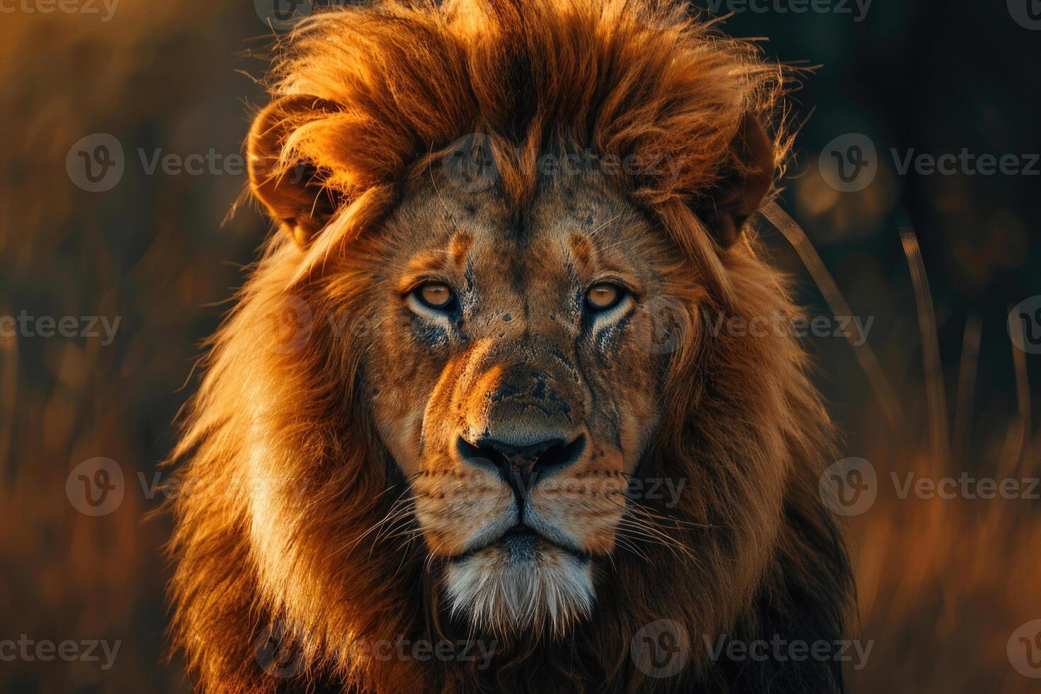 A majestic lion with a regal mane stares into the camera. photo