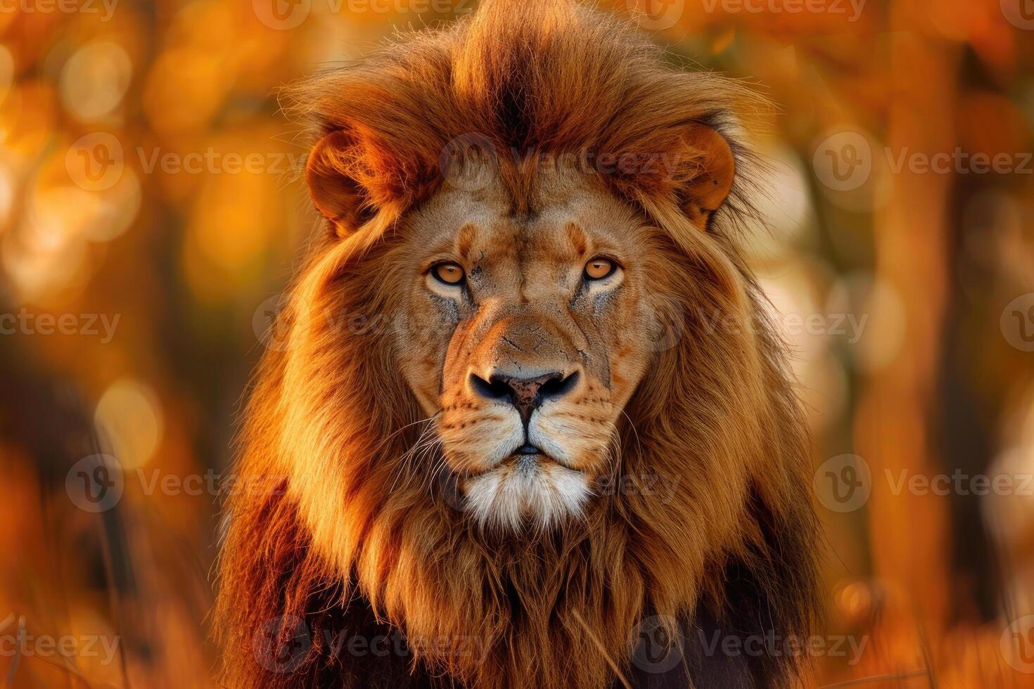A majestic lion with a regal mane stares into the camera. photo