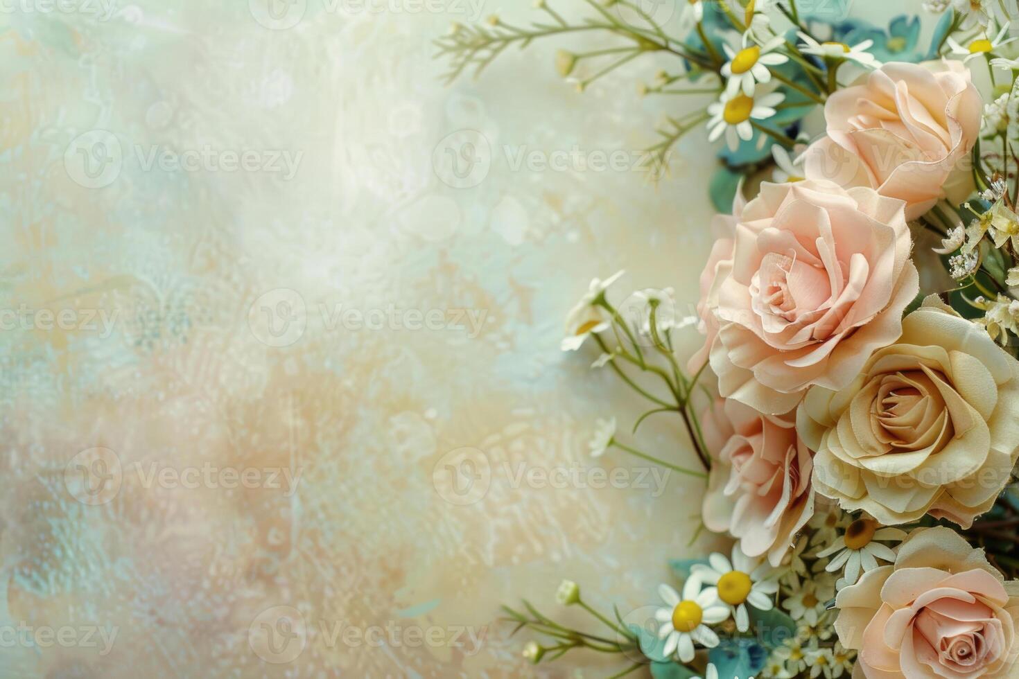 Small bouquet of pastel flowers with empty space on the left. photo