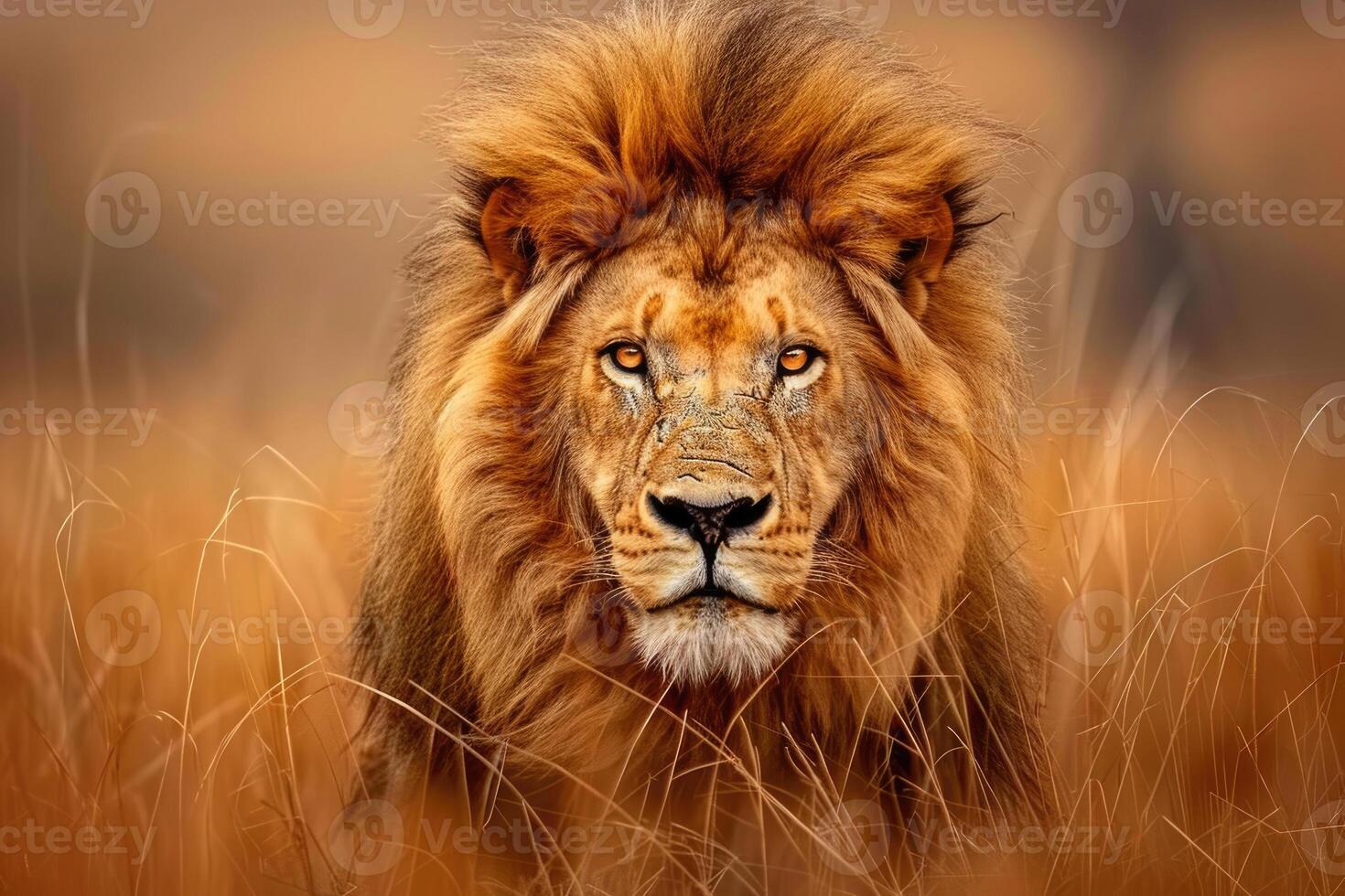 A majestic lion with a regal mane stares into the camera. photo