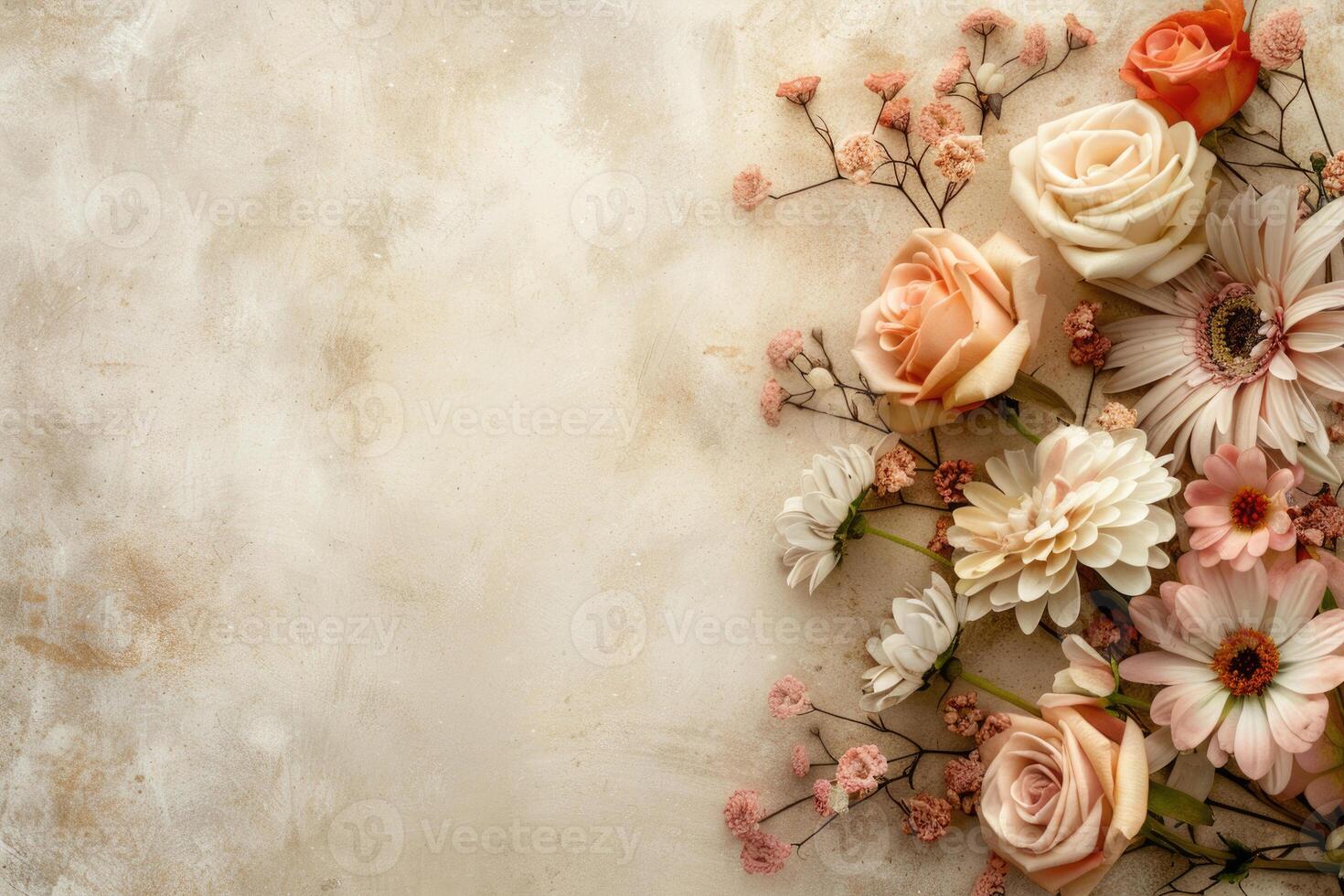 Small bouquet of pastel flowers with empty space on the left. photo