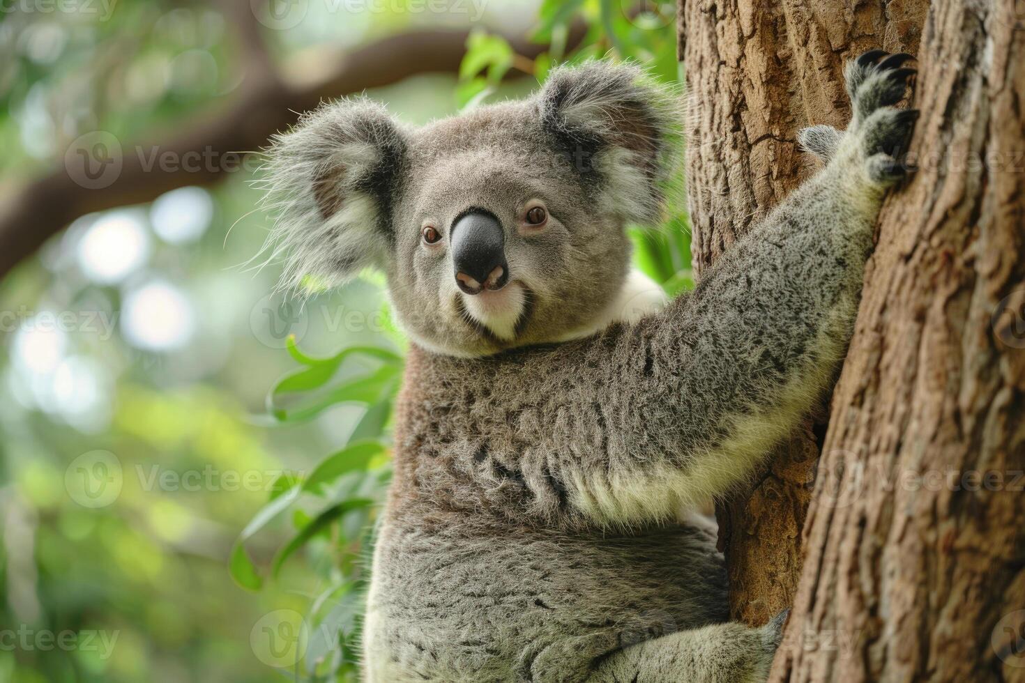 A playful koala clings to a tree, looking at the camera. photo