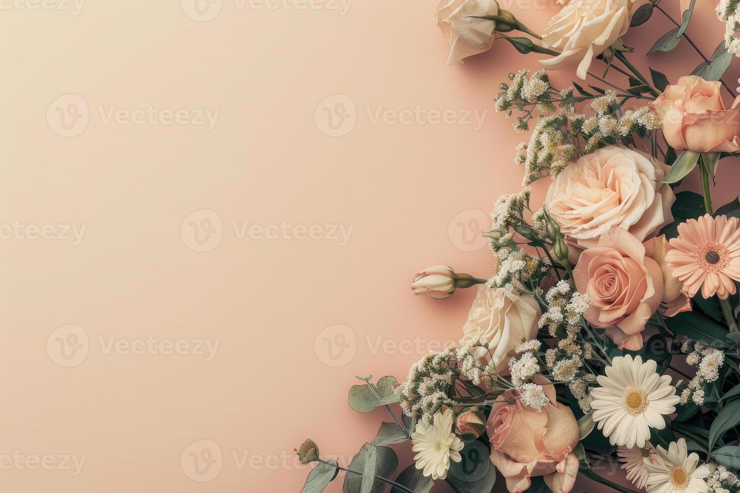 Small bouquet of pastel flowers with empty space on the left. photo