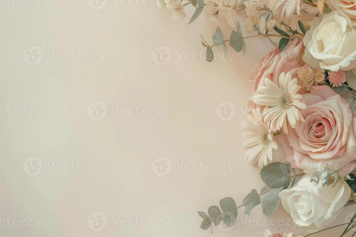 Small bouquet of pastel flowers with empty space on the left. photo