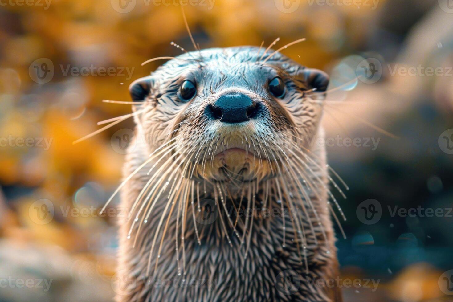 A curious otter looks directly into the camera. photo