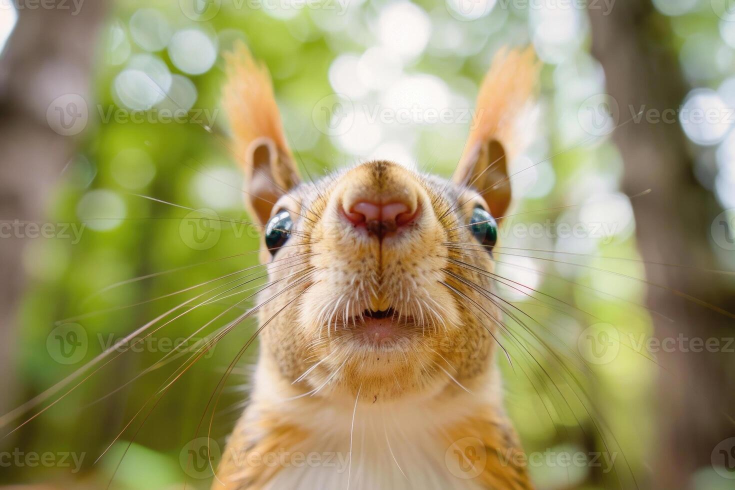A curious squirrel looks directly into the camera. photo