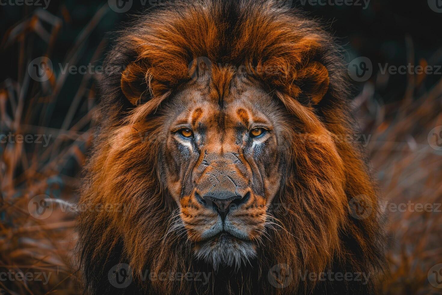 A majestic lion with a regal mane stares into the camera. photo