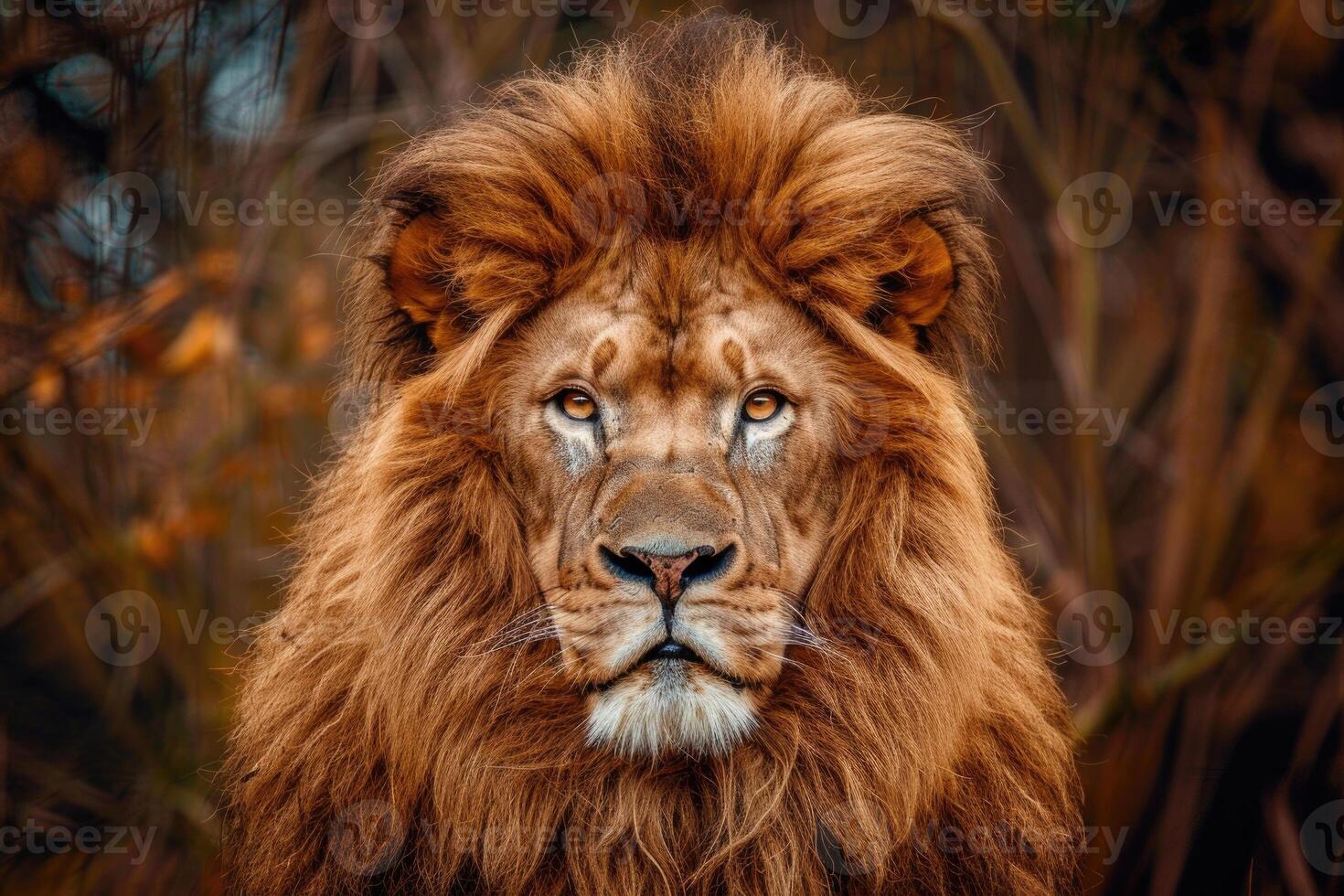 A majestic lion with a regal mane stares into the camera. photo