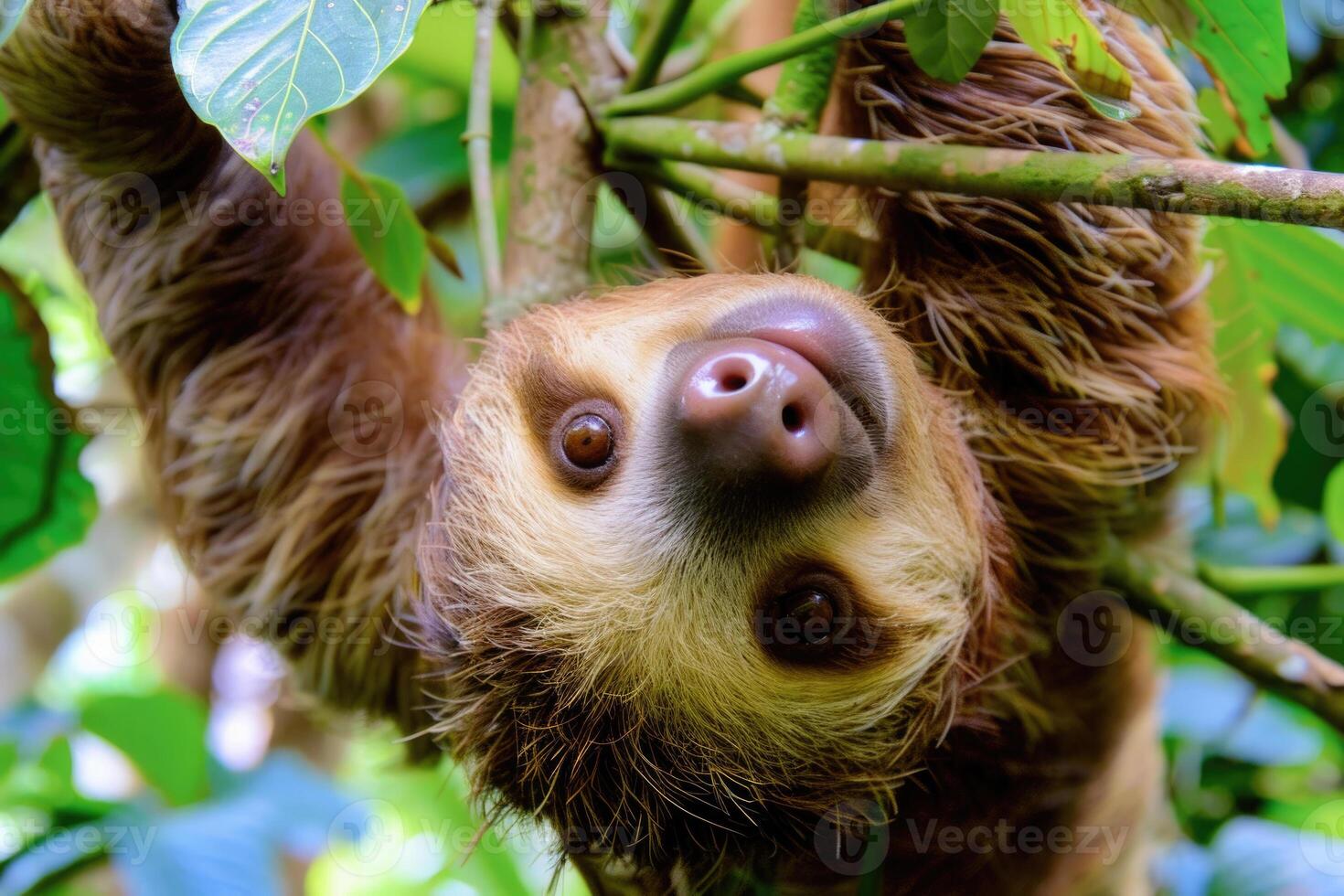 A playful sloth hanging from a tree, looking at the camera. photo