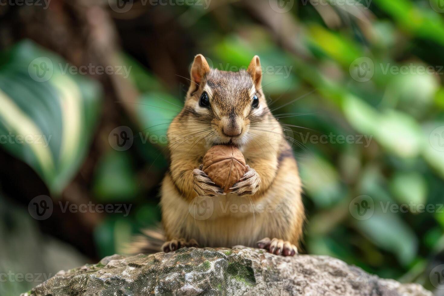A playful chipmunk holding a nut looks at the camera. photo