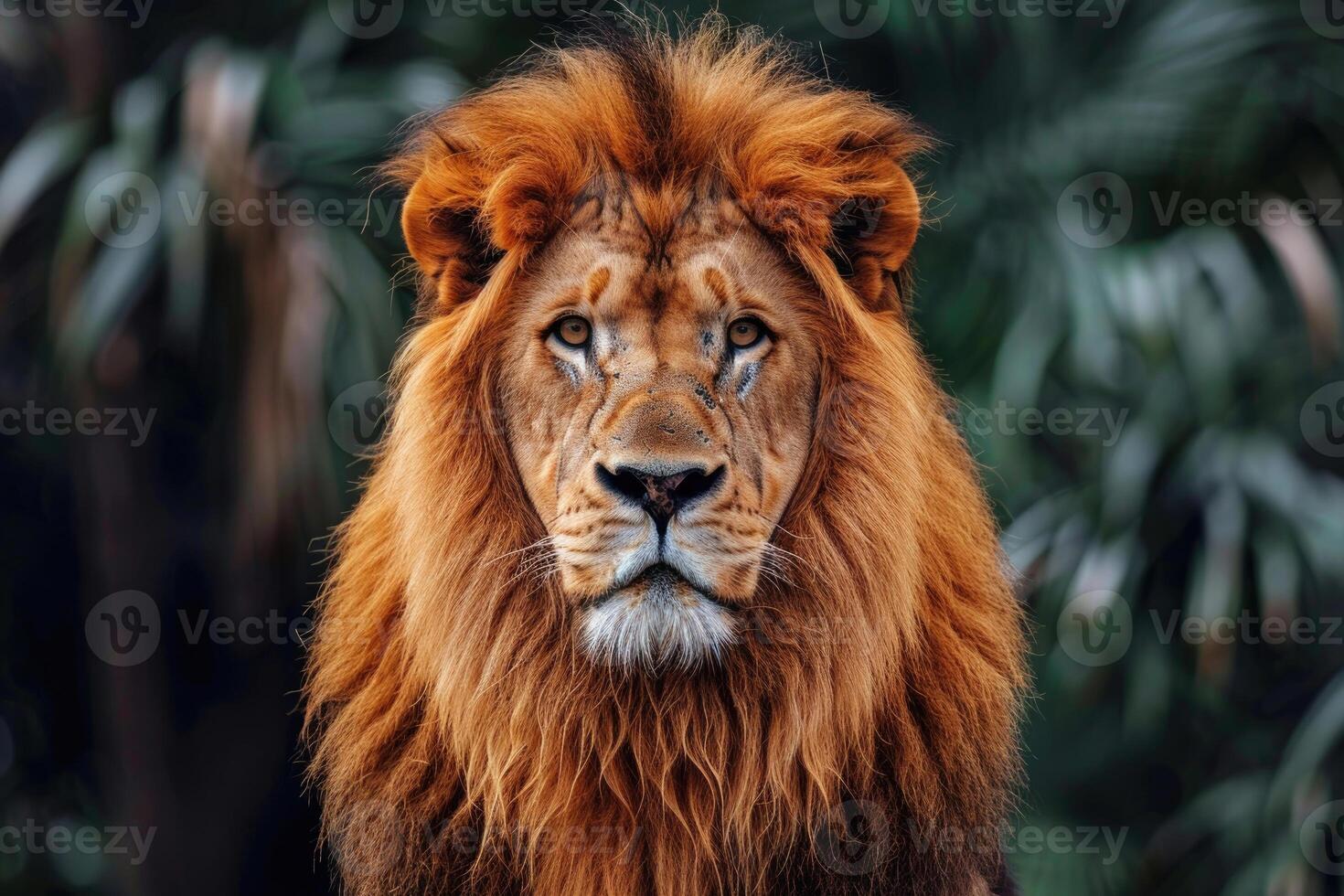 A majestic lion with a regal mane stares into the camera. photo