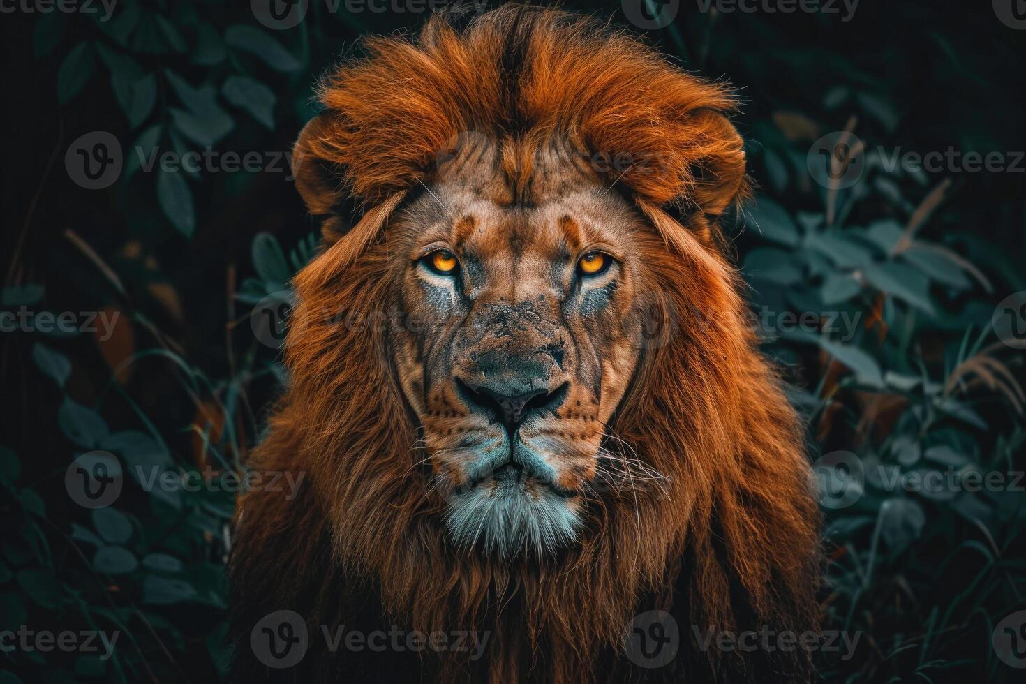 A majestic lion with a regal mane stares into the camera. photo