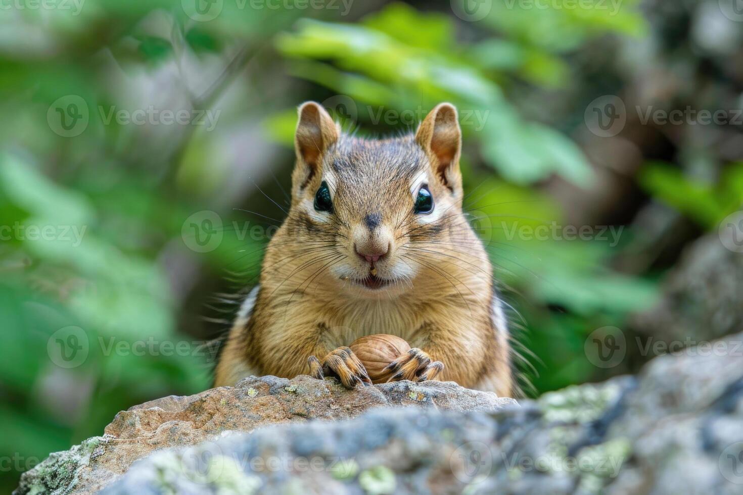 A playful chipmunk holding a nut looks at the camera. photo