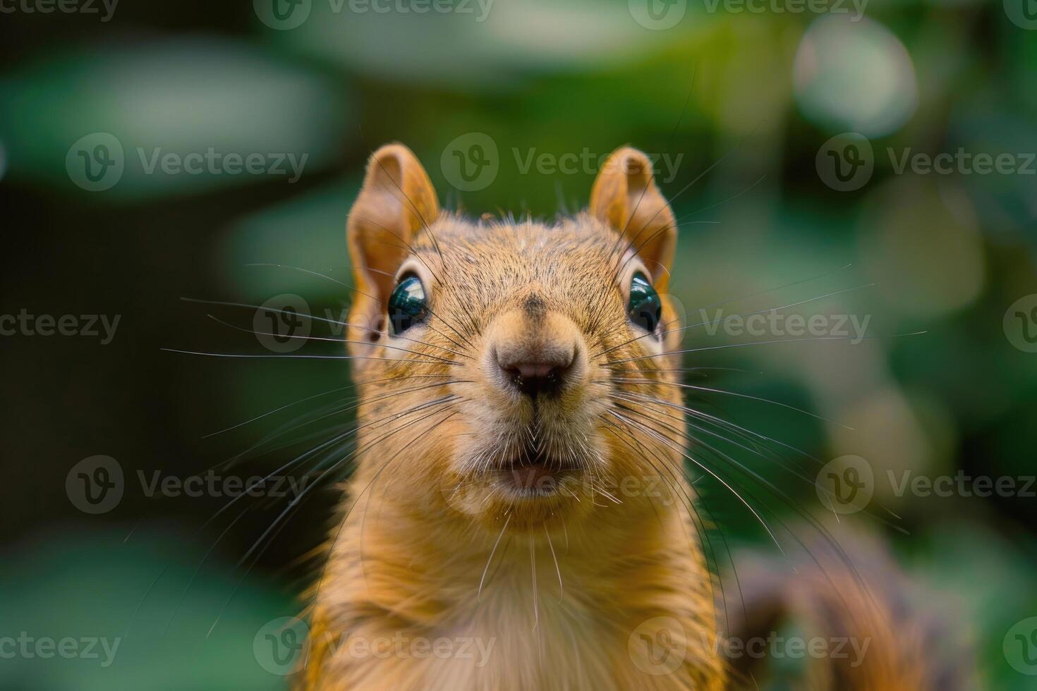 A curious squirrel looks directly into the camera. photo