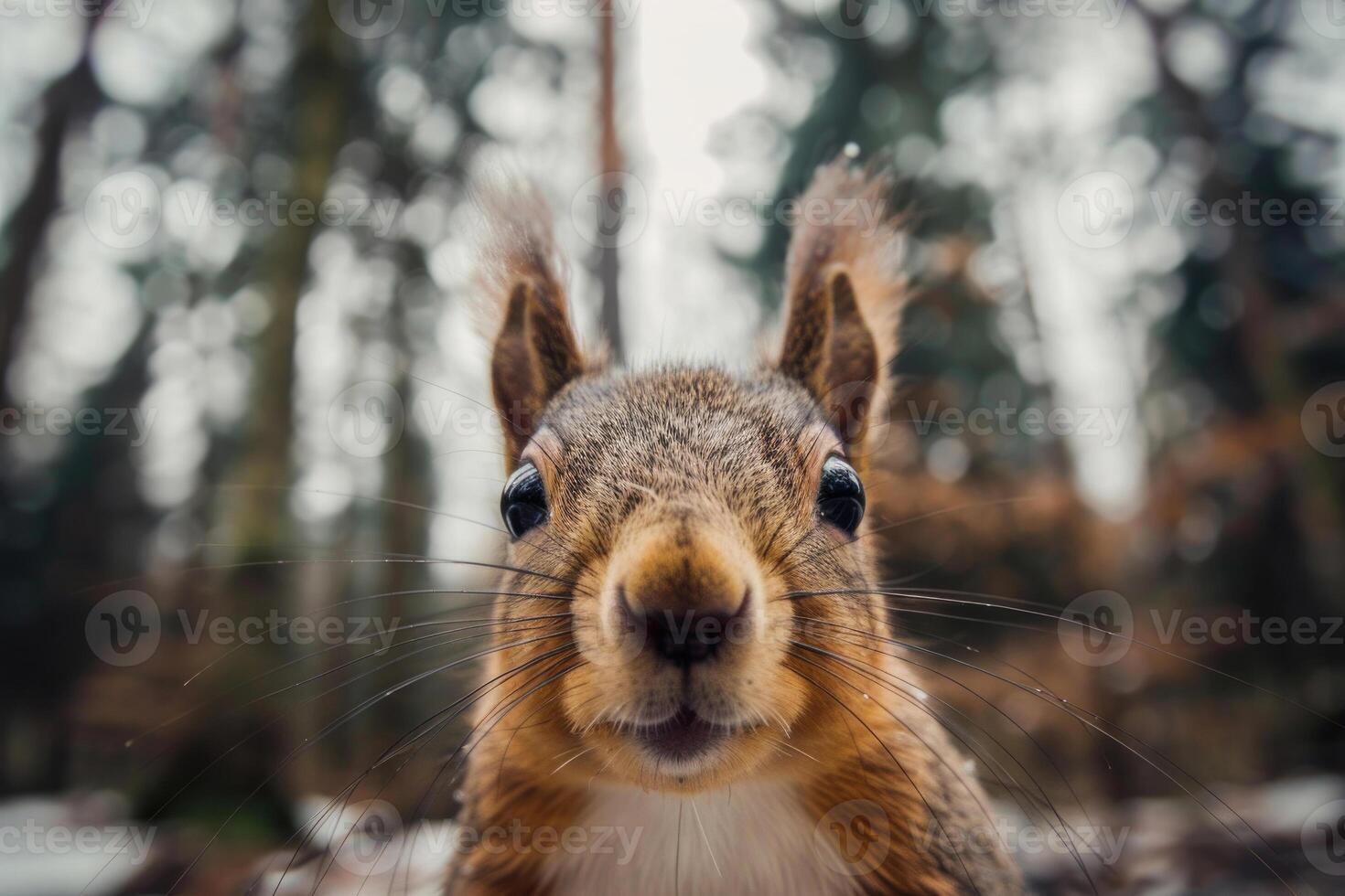 A curious squirrel looks directly into the camera. photo
