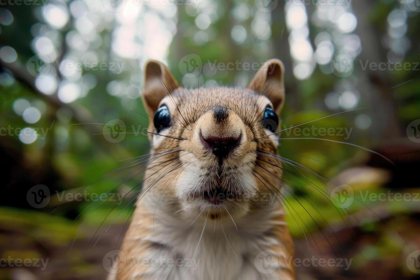 A curious squirrel looks directly into the camera. photo