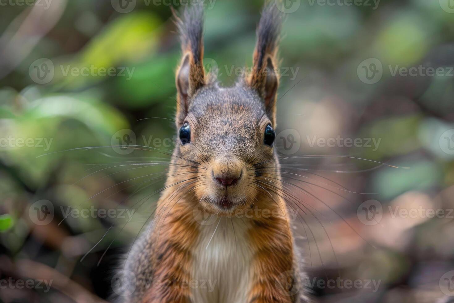 A curious squirrel looks directly into the camera. photo