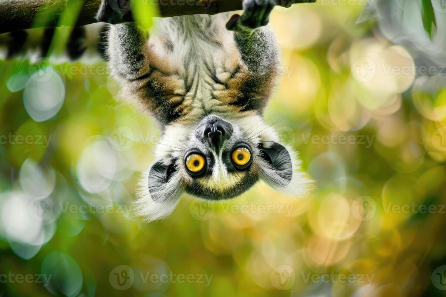 A playful lemur hangs from a branch, looking at the camera. photo