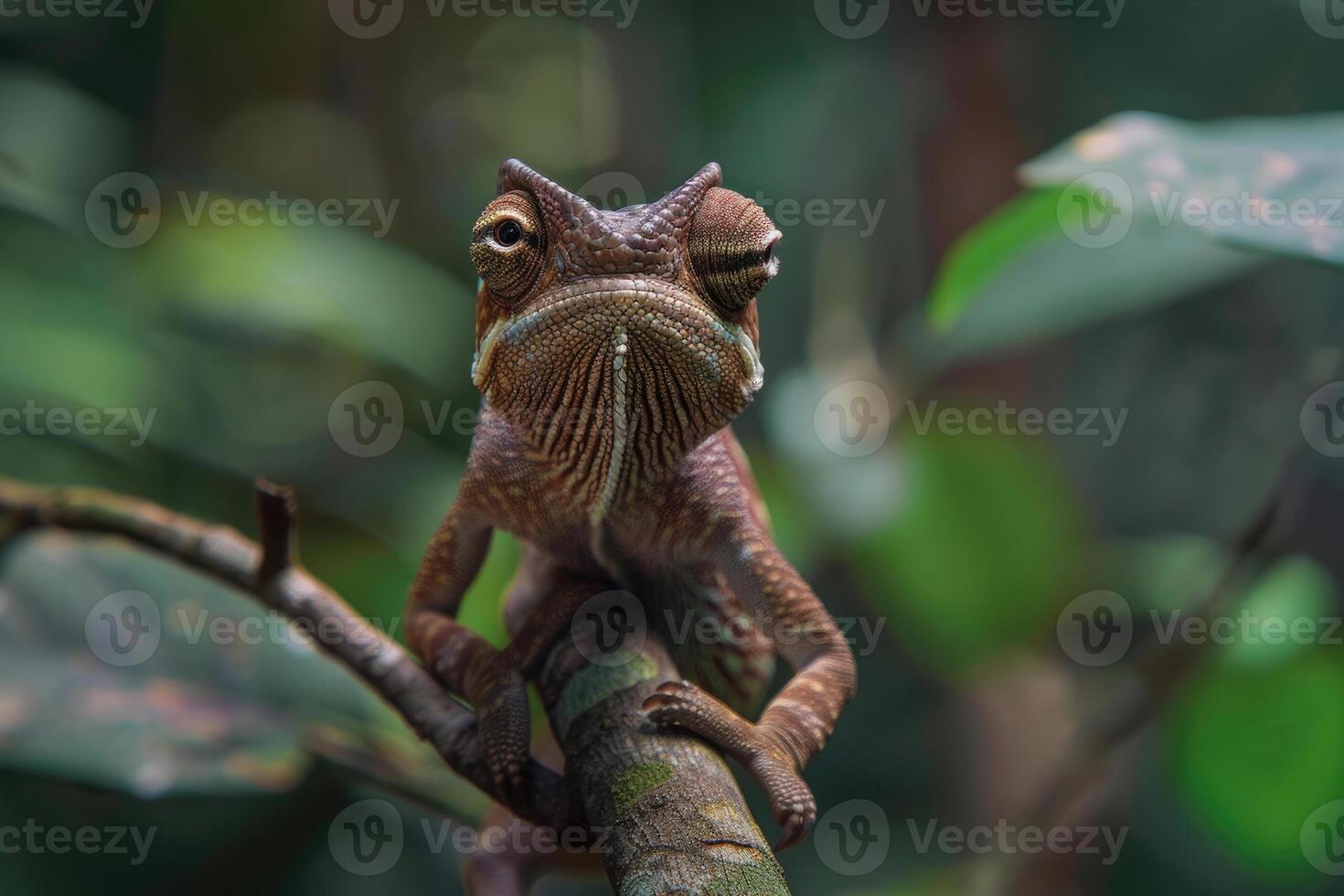 A curious chameleon clings to a branch, looking at the camera. photo