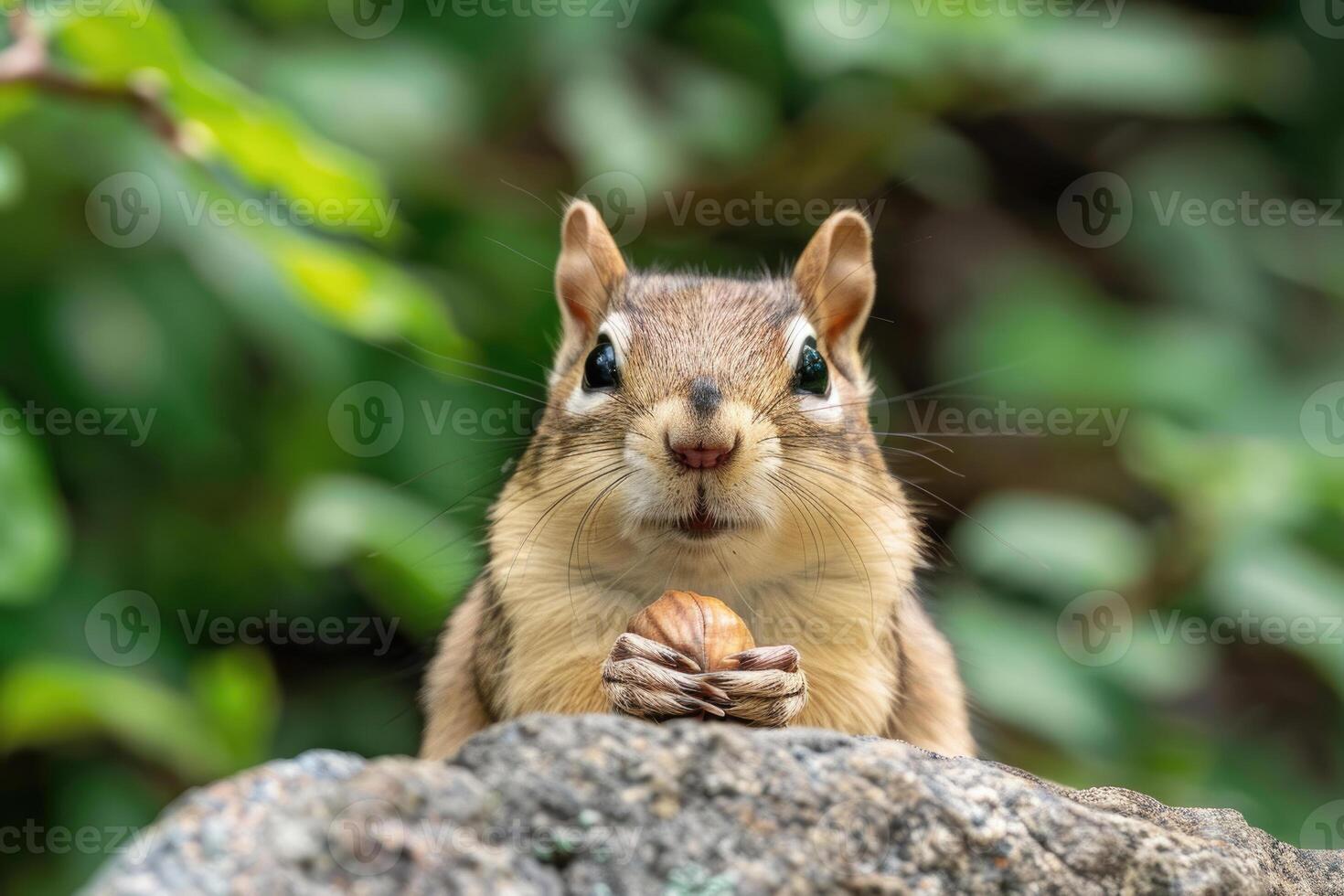 A playful chipmunk holding a nut looks at the camera. photo