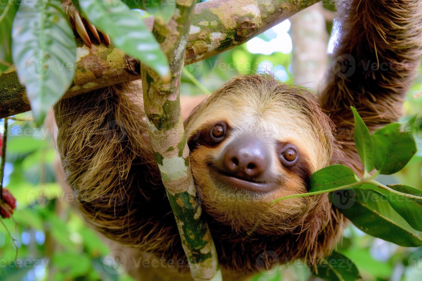 A playful sloth hanging from a tree, looking at the camera. photo