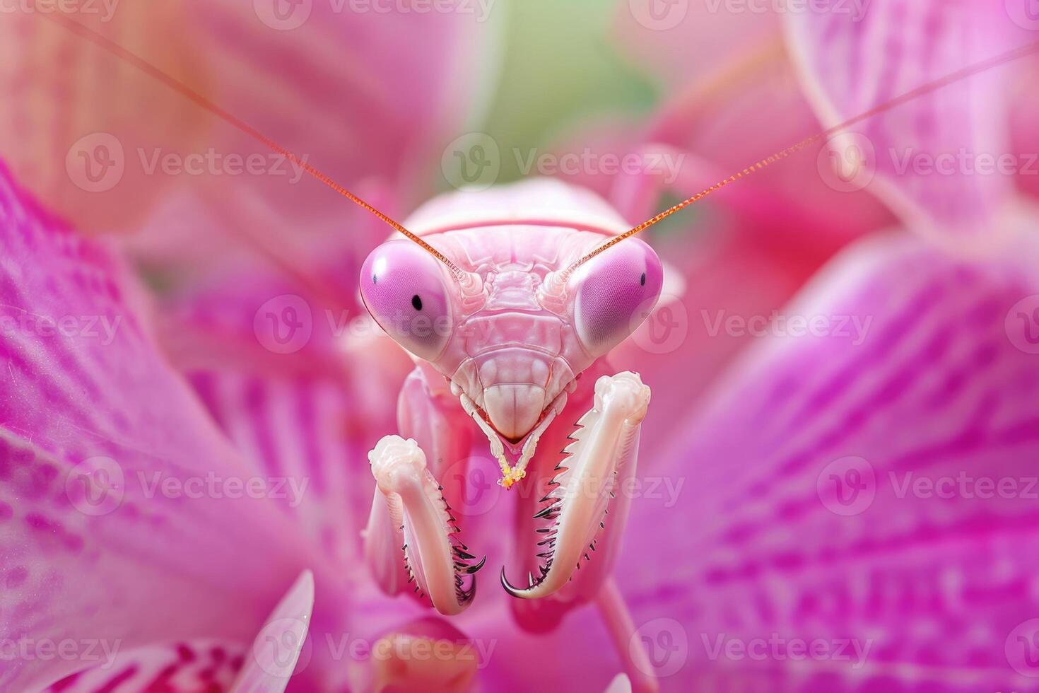 A rare and brilliantly colored orchid mantis blending seamlessly with a pink orchid flower photo