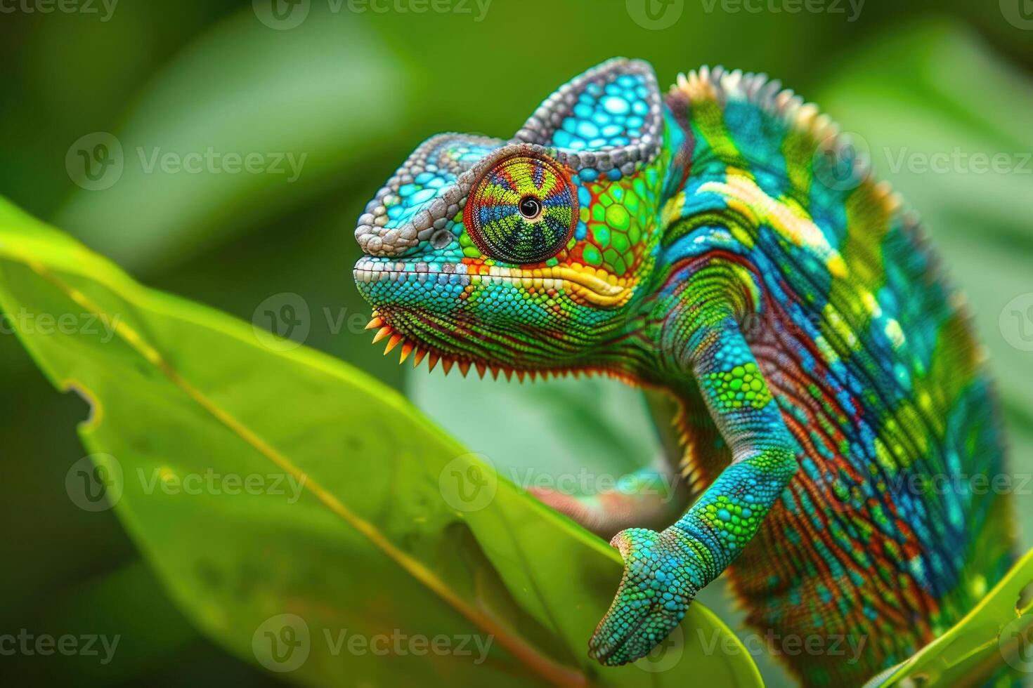 A rare and unusual chameleon displaying a spectrum of colors as it clings to a vibrant green leaf photo