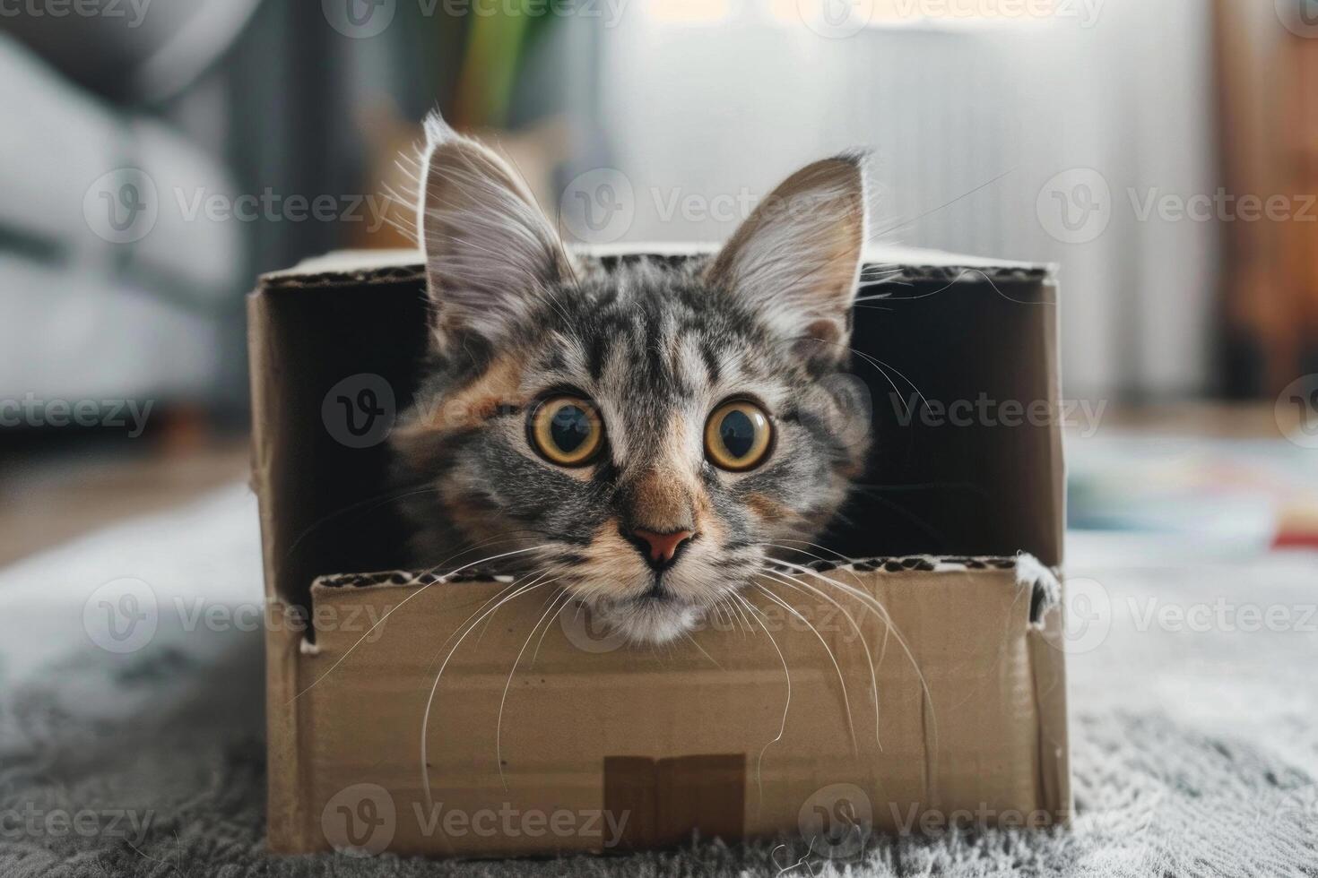 A cute cat peeking out from a cardboard box photo