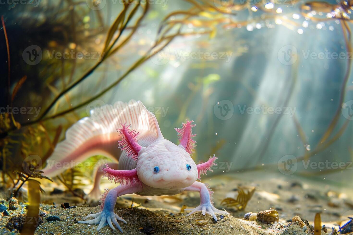 A rare, brightly colored axolotl swimming gracefully in a clear freshwater habitat photo