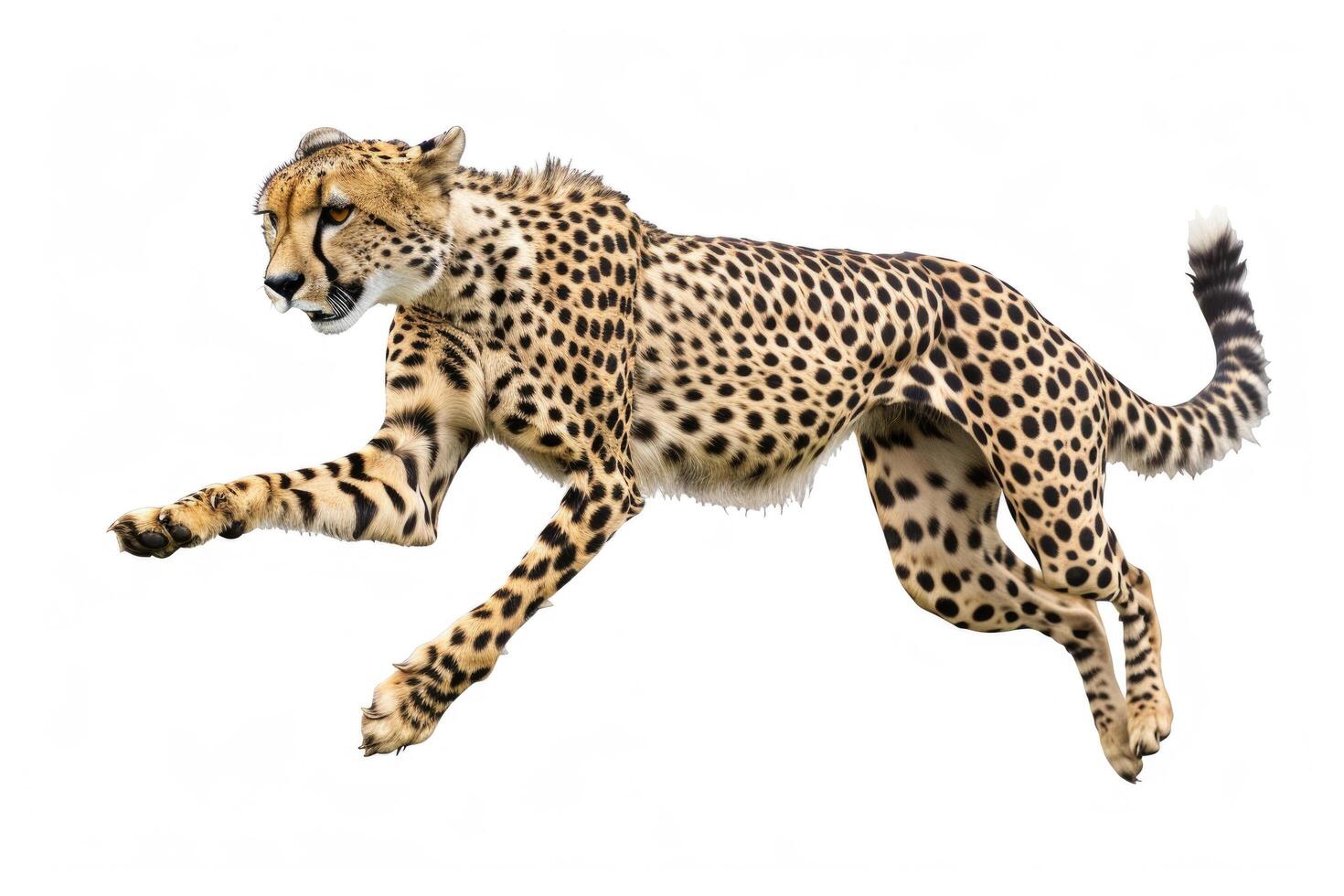 A cheetah mid-leap, muscles flexed, isolated on a white background photo