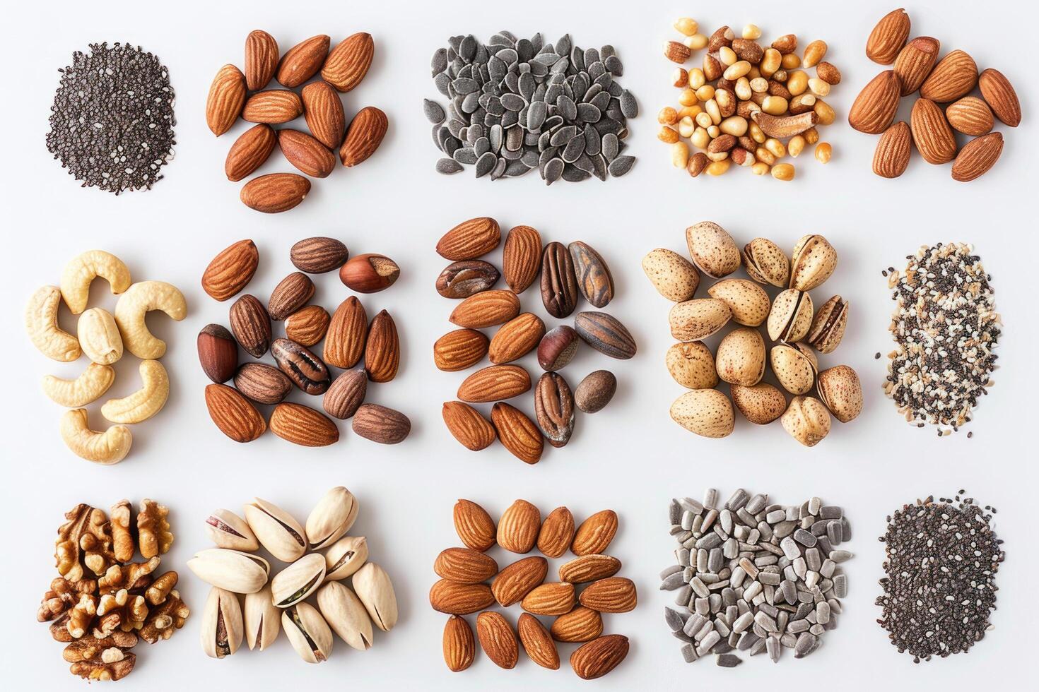 An assortment of nuts and seeds spread out on a white background photo