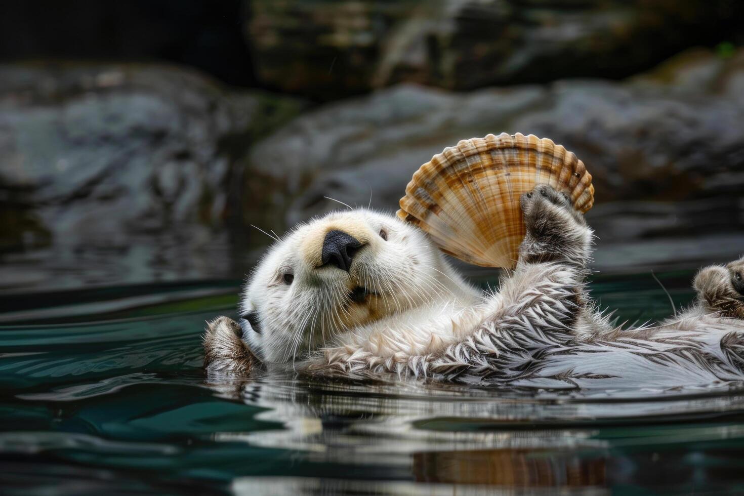 Sea otter floating on its back in the water, holding a shell photo