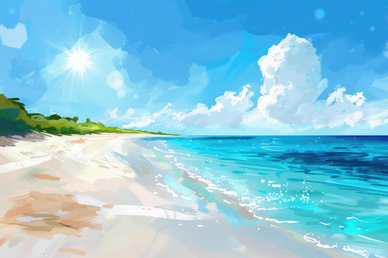 A sandy beach with turquoise waters and a clear blue summer sky photo