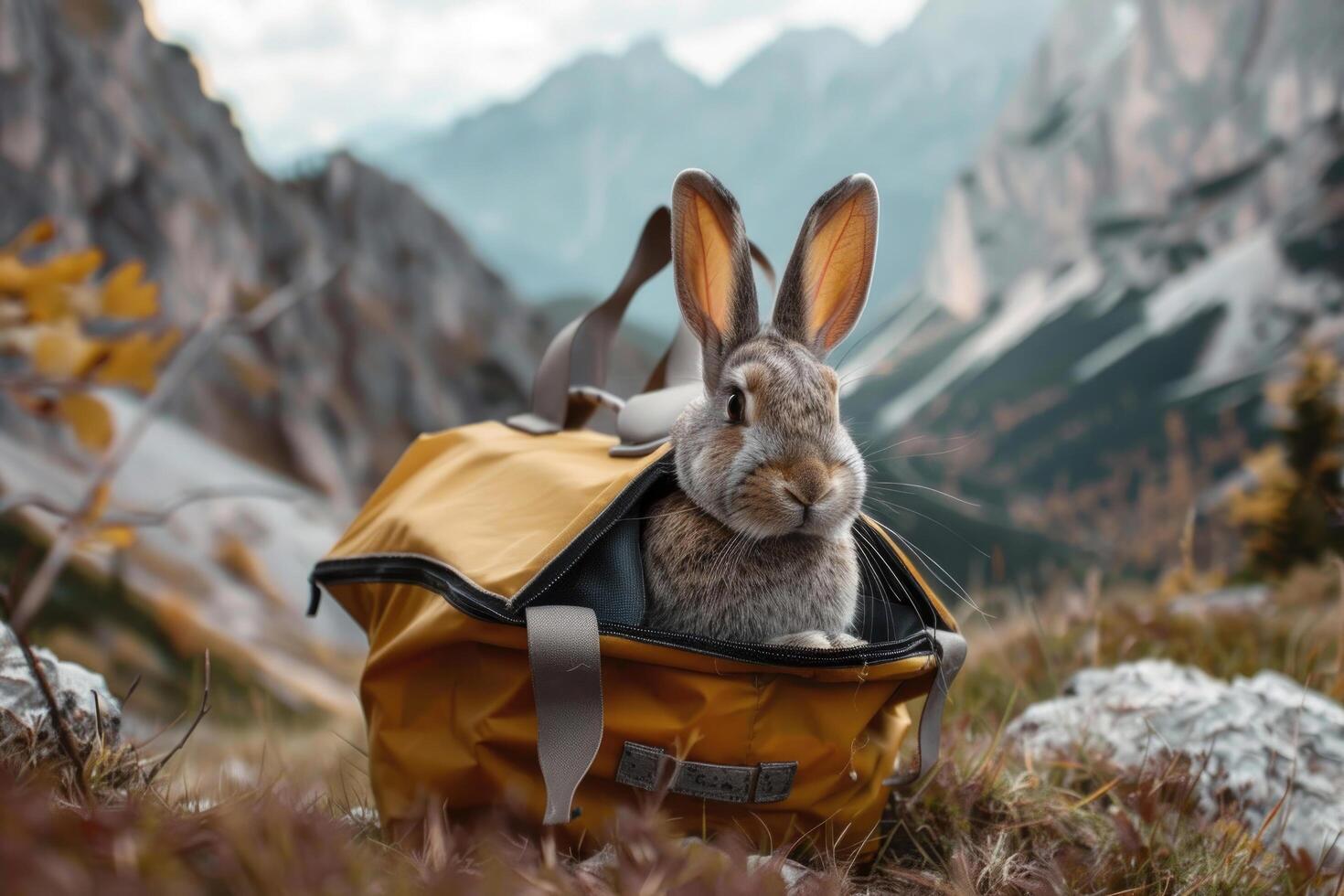 A rabbit in a custom pet carrier, surrounded by mountains during a hike photo