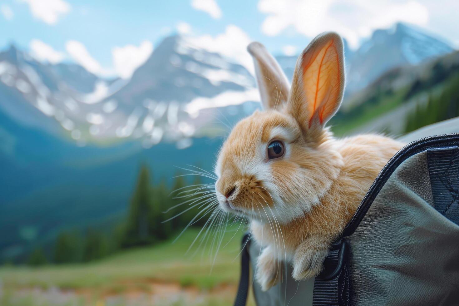 A rabbit in a custom pet carrier, surrounded by mountains during a hike photo