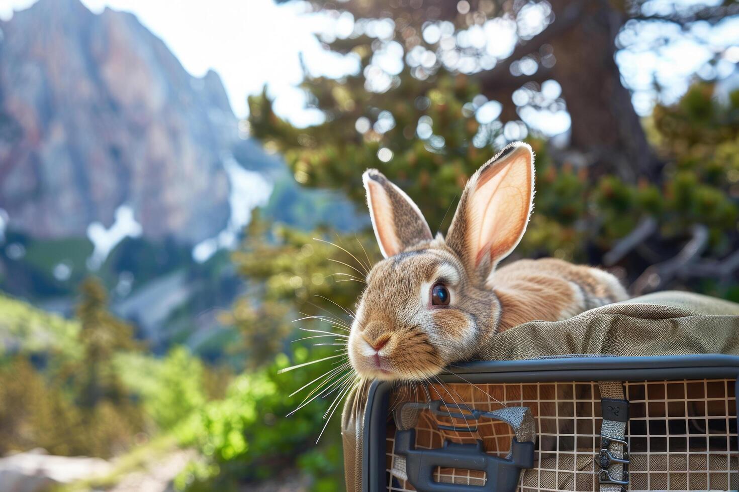 A rabbit in a custom pet carrier, surrounded by mountains during a hike photo