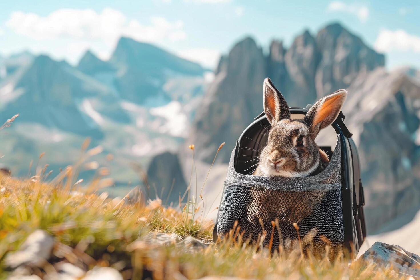 A rabbit in a custom pet carrier, surrounded by mountains during a hike photo