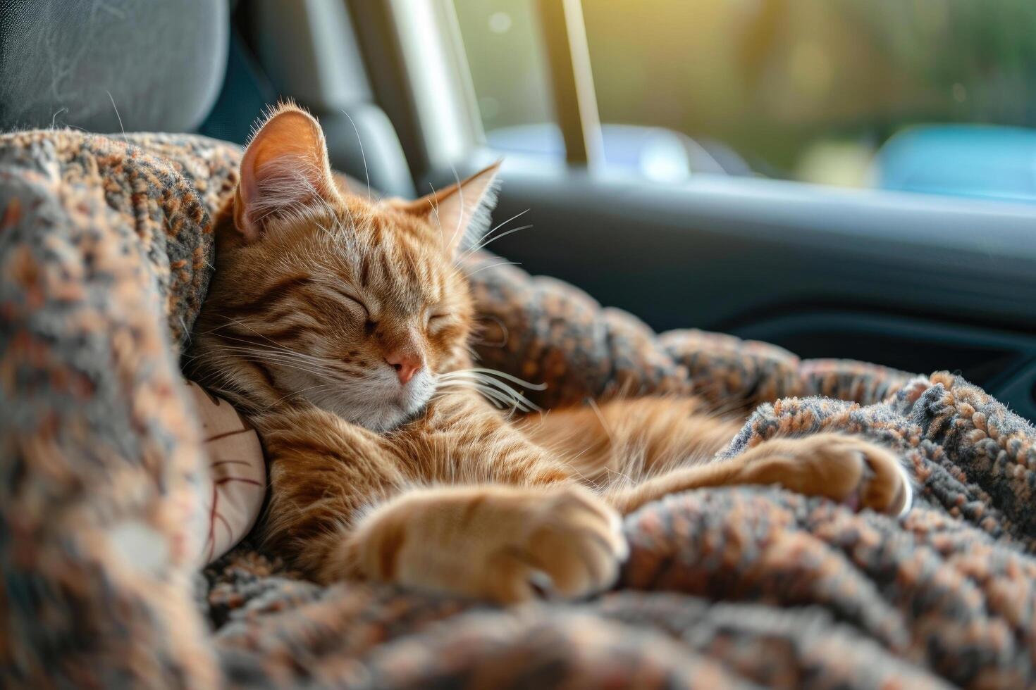 A cat lounging in a cozy car seat on a road trip photo