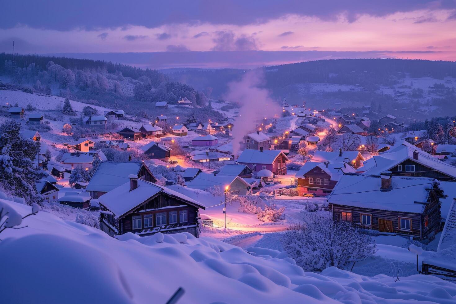 A snow-covered village at twilight with colorful lights photo