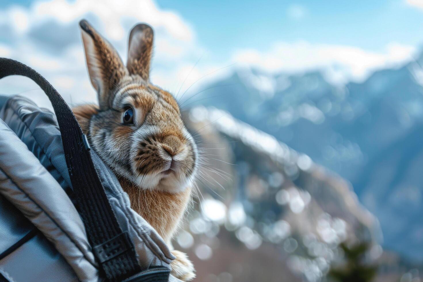 A rabbit in a custom pet carrier, surrounded by mountains during a hike photo