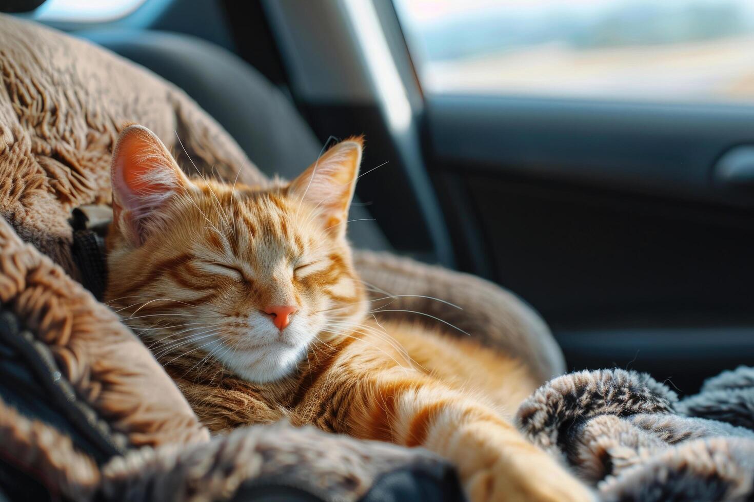 A cat lounging in a cozy car seat on a road trip photo