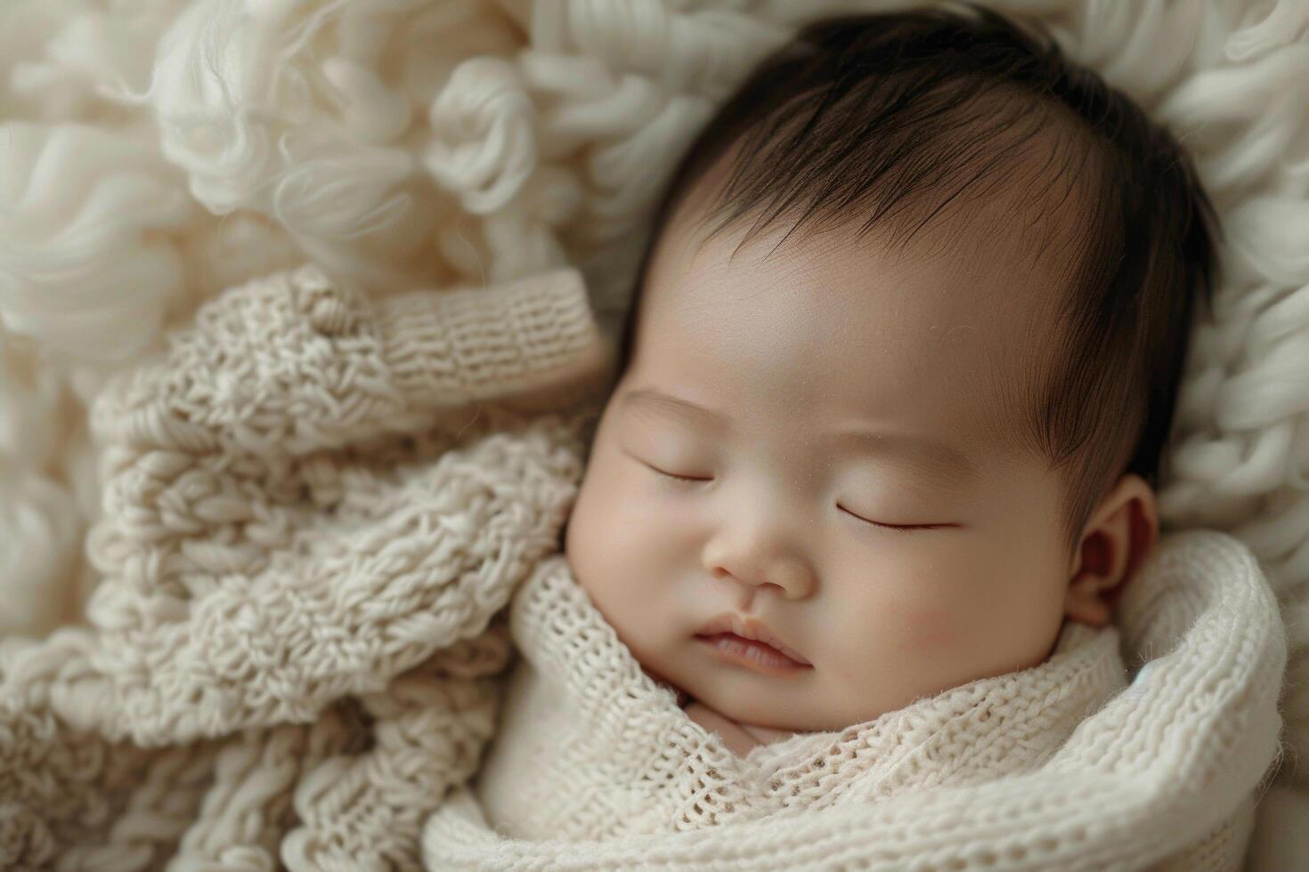 A swaddled newborn baby of Asian descent sleeping peacefully photo