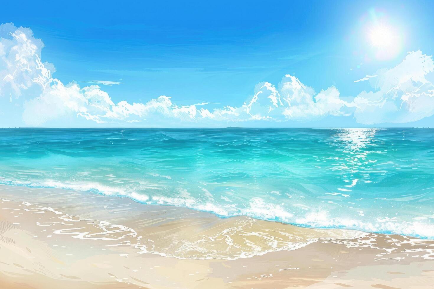 A sandy beach with turquoise waters and a clear blue summer sky photo