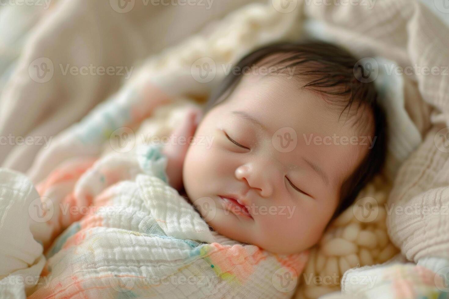A swaddled newborn baby of Asian descent sleeping peacefully photo