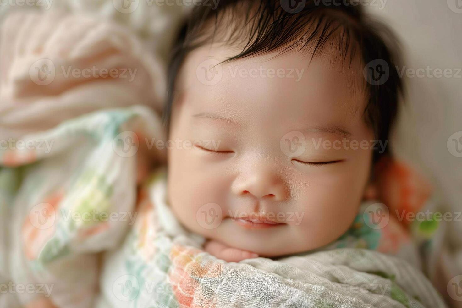 A swaddled newborn baby of Asian descent sleeping peacefully photo
