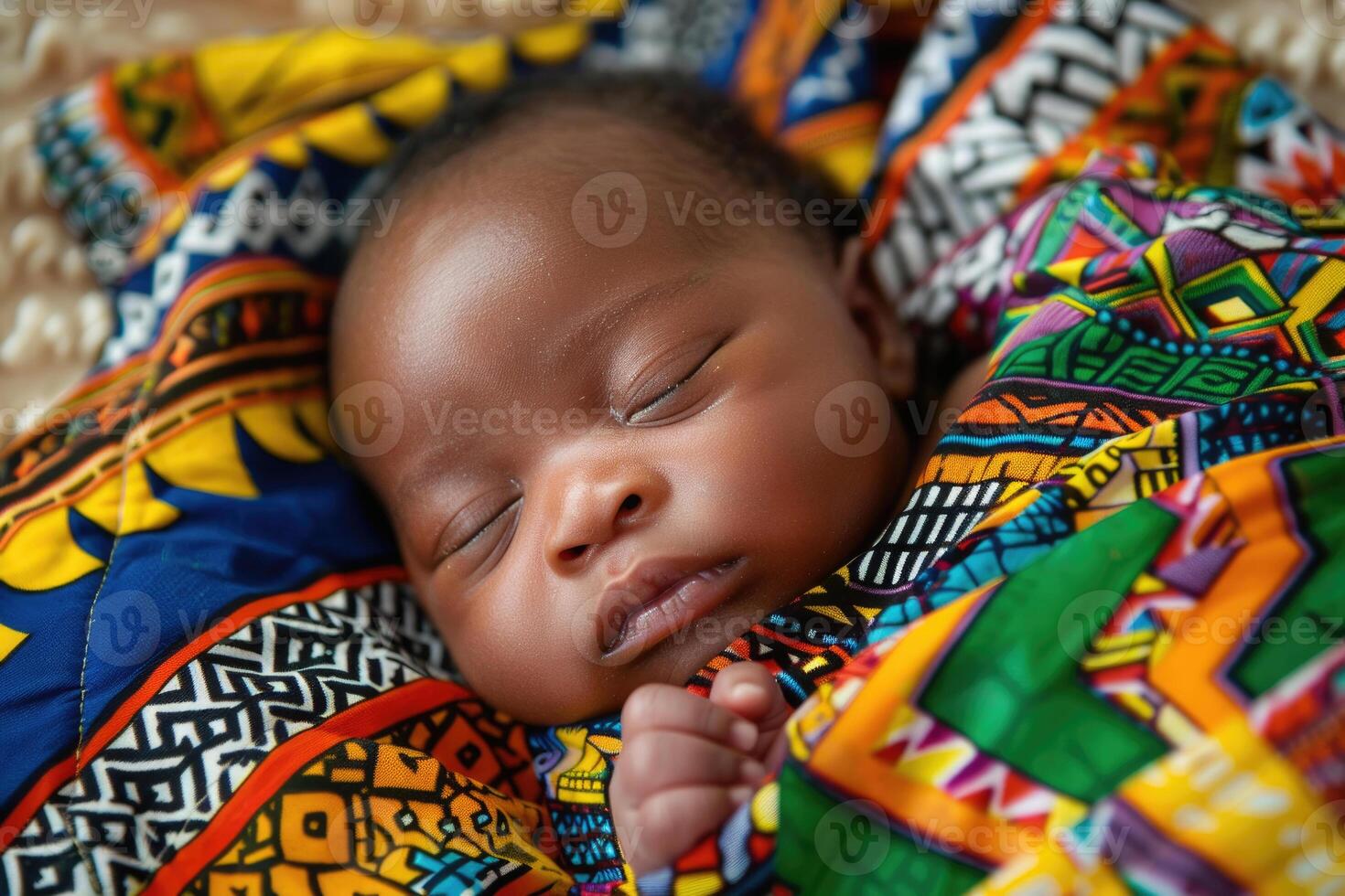 A swaddled newborn baby of African descent with a serene expression photo