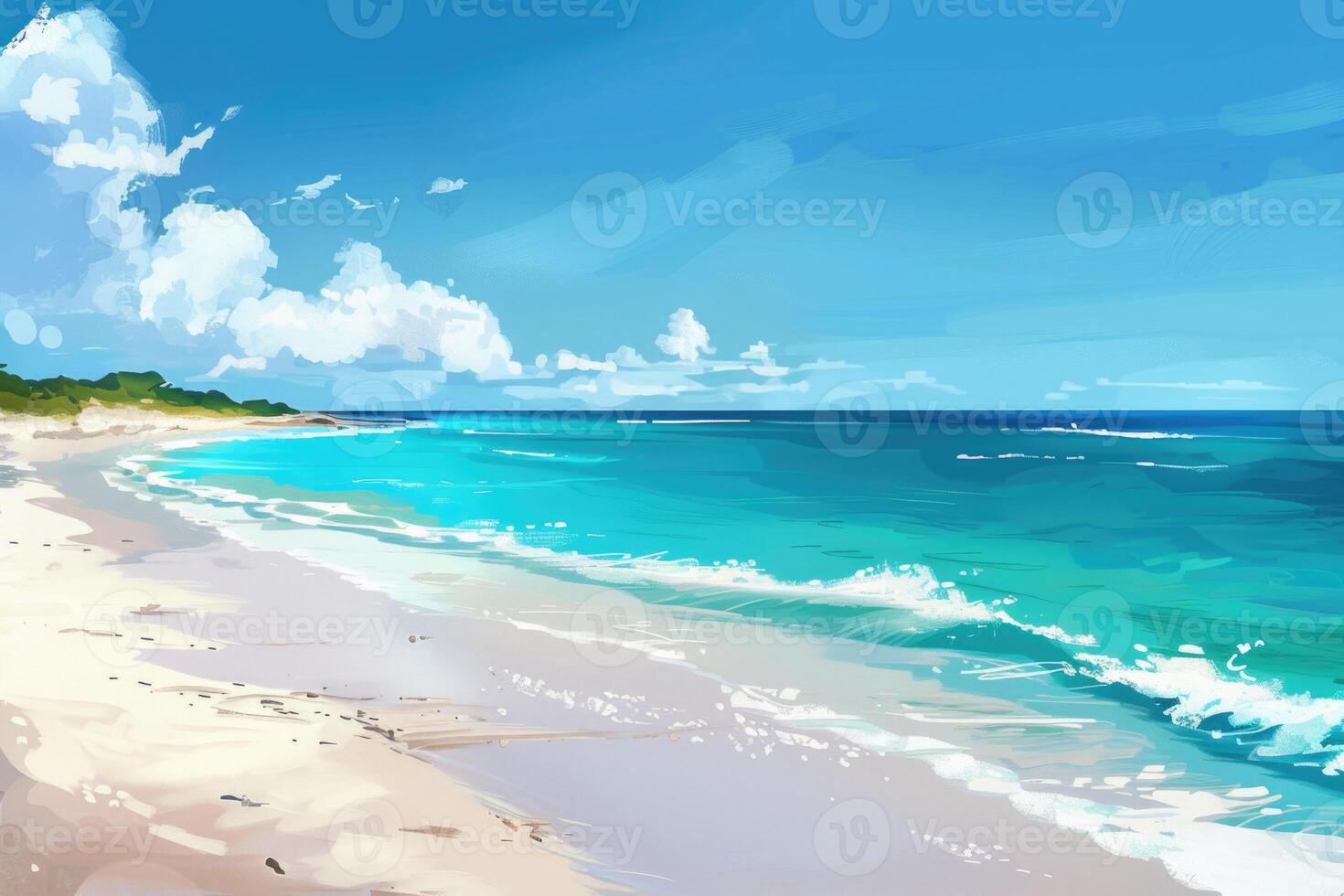 A sandy beach with turquoise waters and a clear blue summer sky photo
