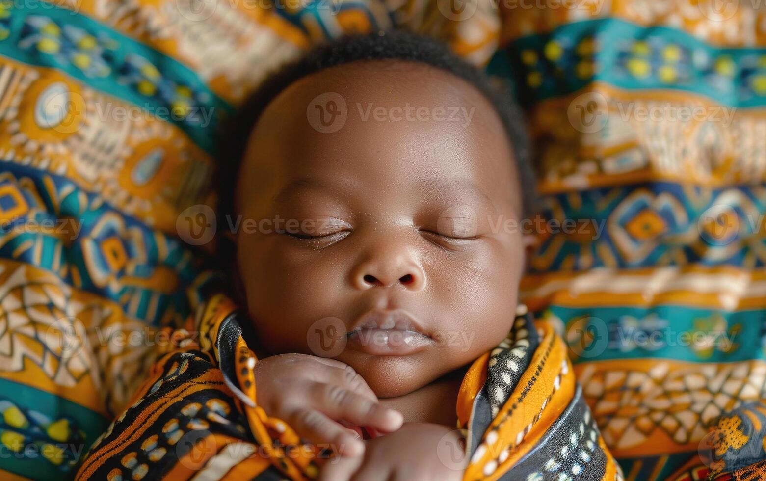 A swaddled newborn baby of African descent with a serene expression photo