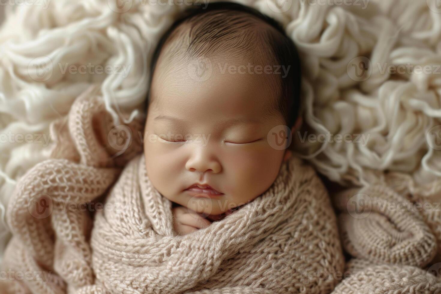 A swaddled newborn baby of Asian descent sleeping peacefully photo